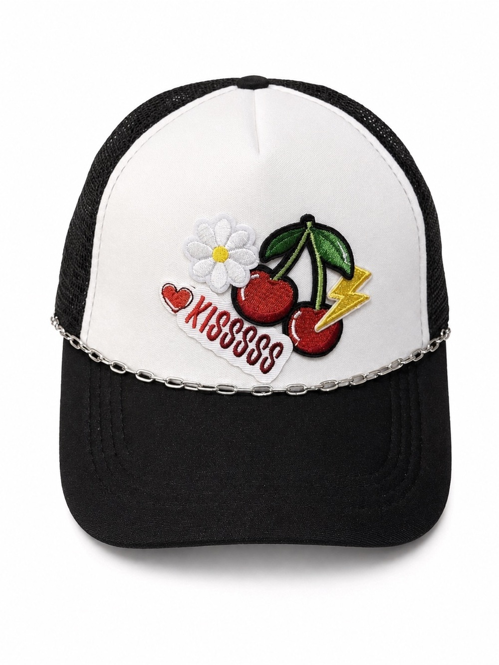 Hand Crafted Black & White Trucker Hat with Cherry Patch
